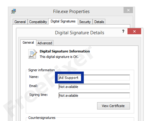 Screenshot of the Ad Support certificate